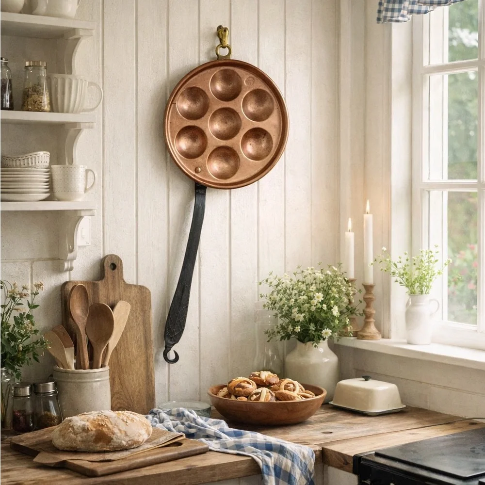 Vintage Danish Copper Aebleskiver Pan Hand Forged Scandinavian Kitchen Decor